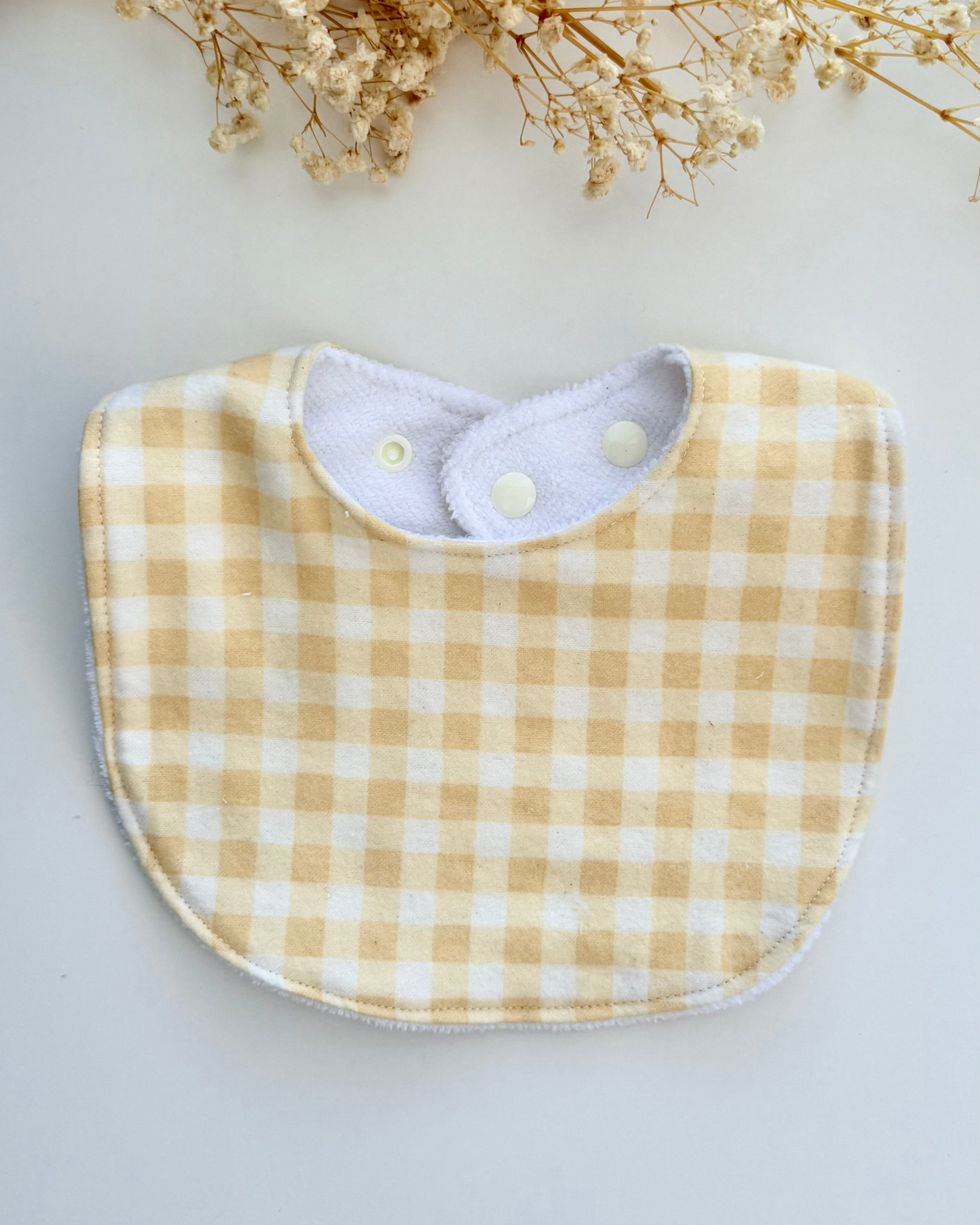Handmade baby bib/ dribble bib with yellow gingham design Australia made of 100% cotton gender neutral
