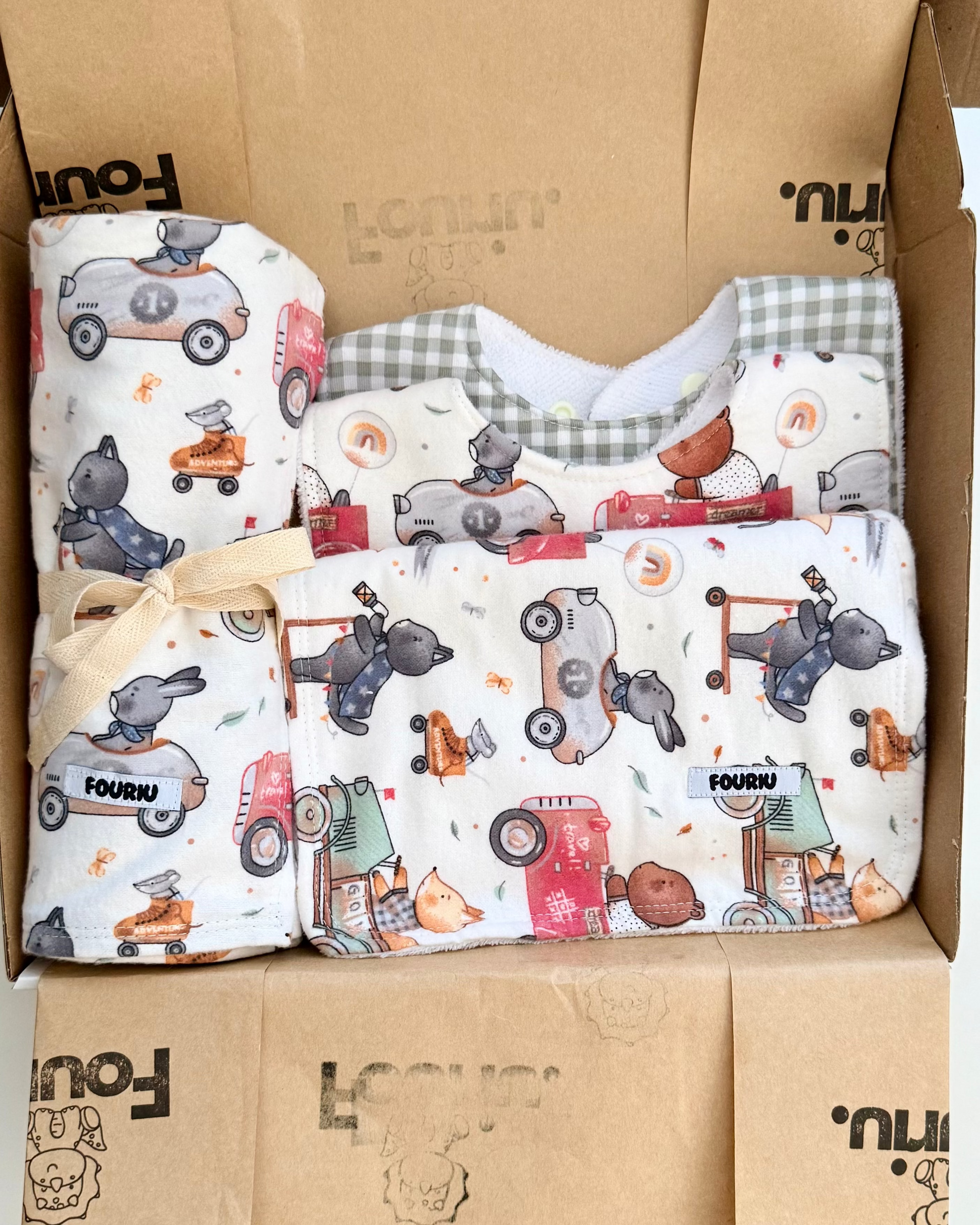 Handmade travel fellas baby essential gift Australia set made from 100% cotton with dribble bib swaddle blanket and burp cloth for baby boy