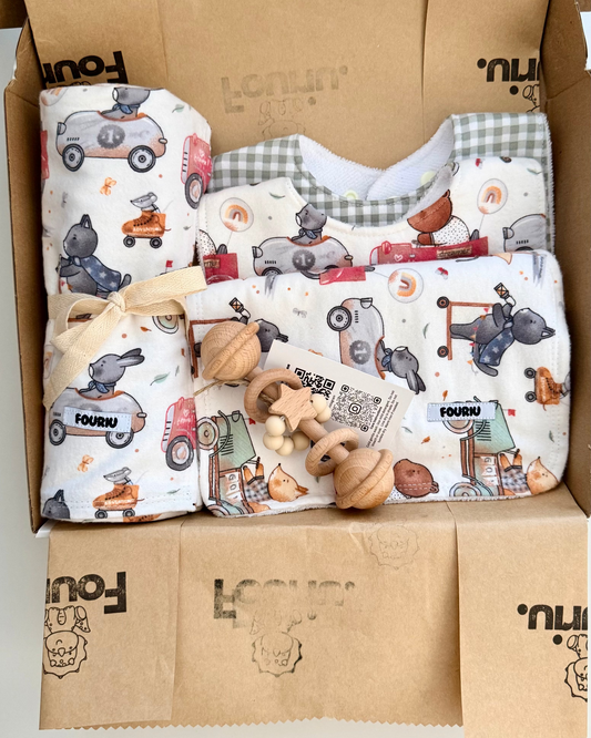 Handmade travel fellas baby essential gift set Australia made from 100% cotton with baby bib swaddle blanket and burp cloth