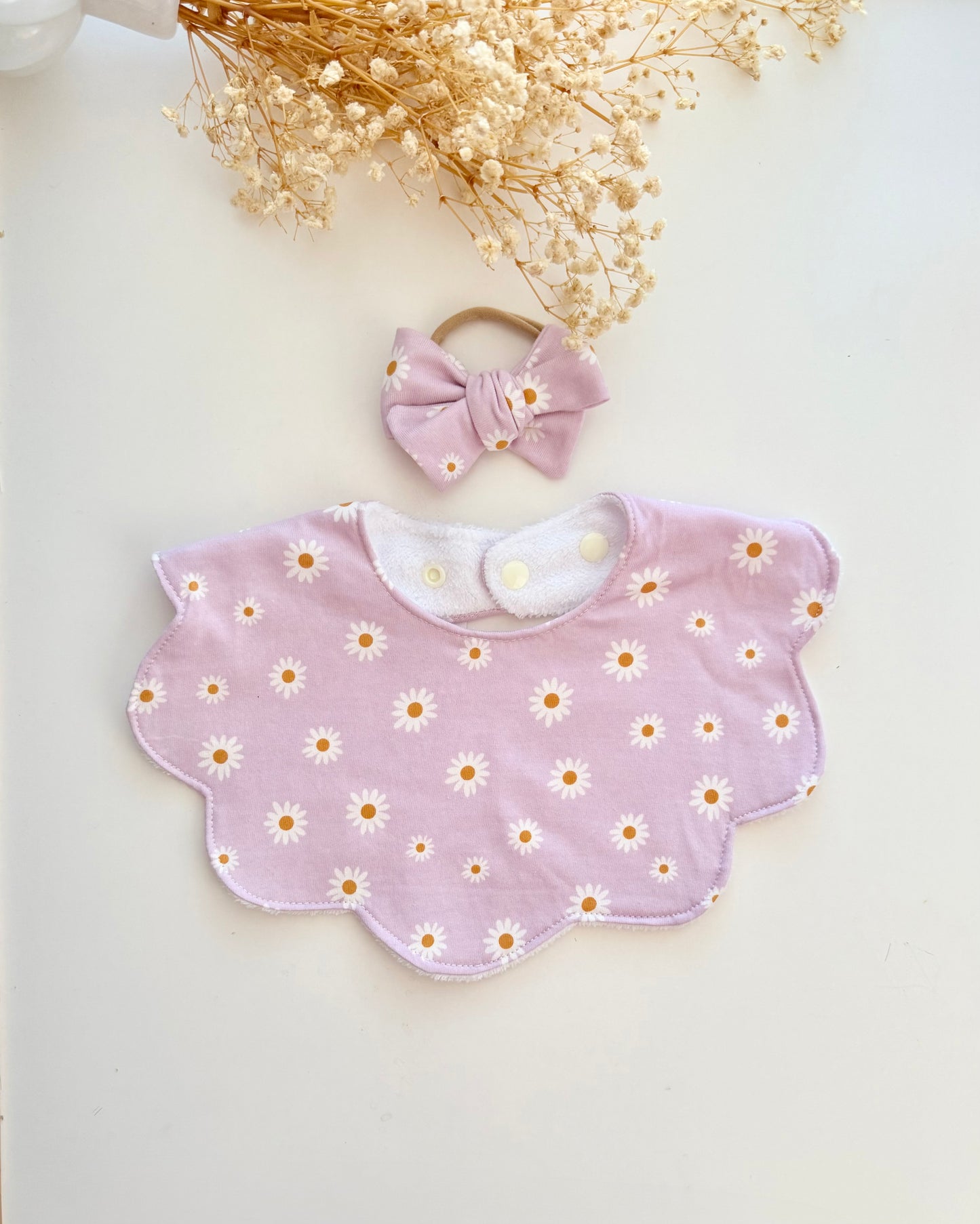 Handmade baby scallop bib dribble bib with floral design with bow Australia made of 100% cotton for baby girl
