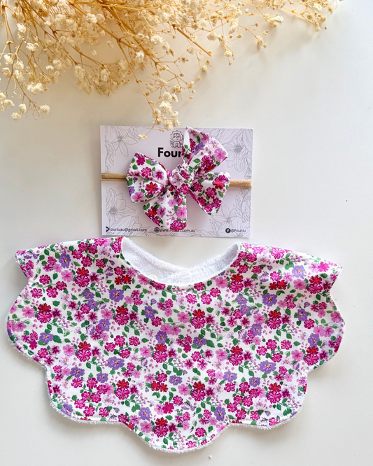 Handmade baby scallop shape bib dribble bib with floral design with bow Australia made of 100% cotton for baby girl