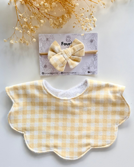 Handmade baby scallop shape bib dribble bib with yellow gingham design with bow Australia made of 100% cotton for baby girl