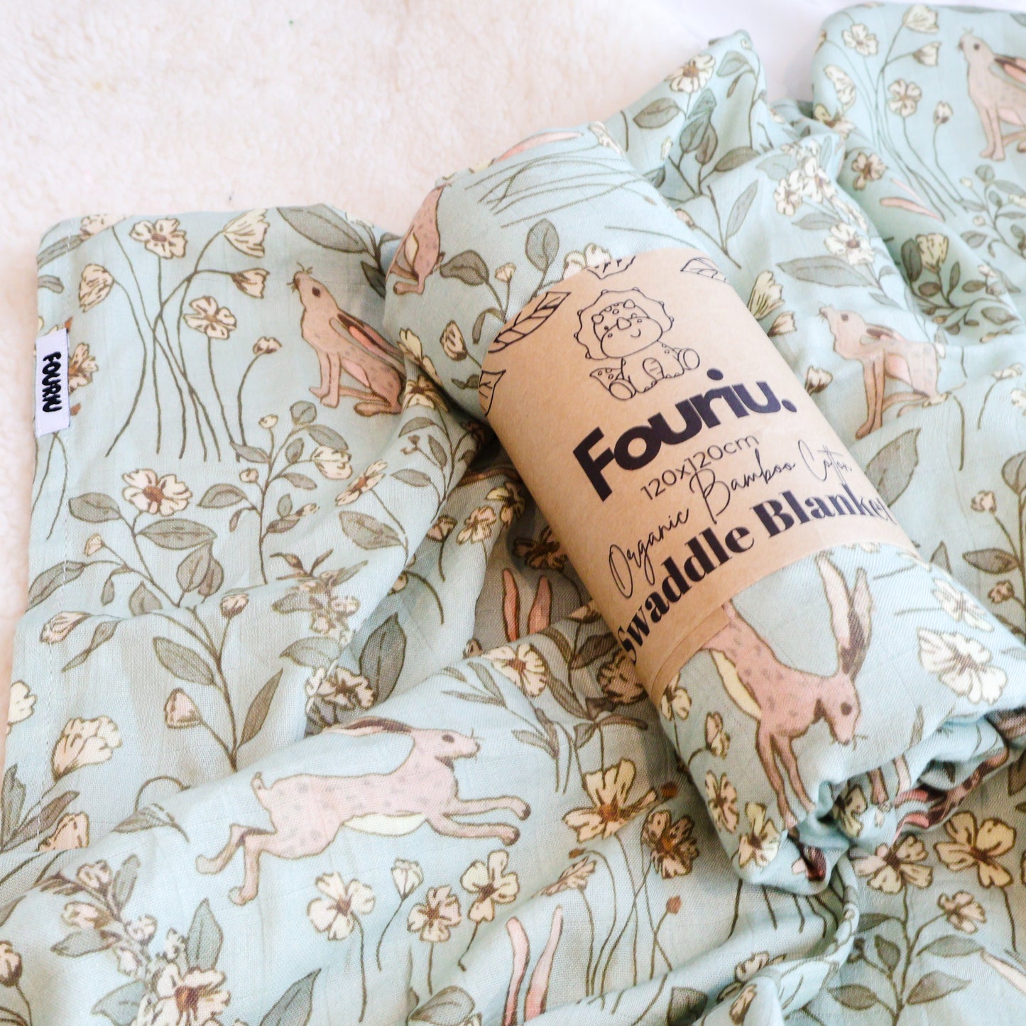 Fouriu Organic Bamboo Swaddle Blanket- Whimsical Bunny