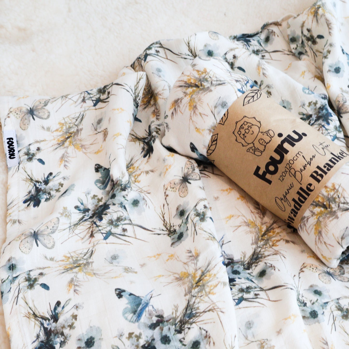 Fouriu Organic Bamboo Swaddle Blanket- Blue Butterflies