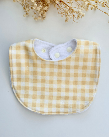 Handmade baby bib/ dribble bib with yellow gingham design Australia made of 100% cotton gender neutral